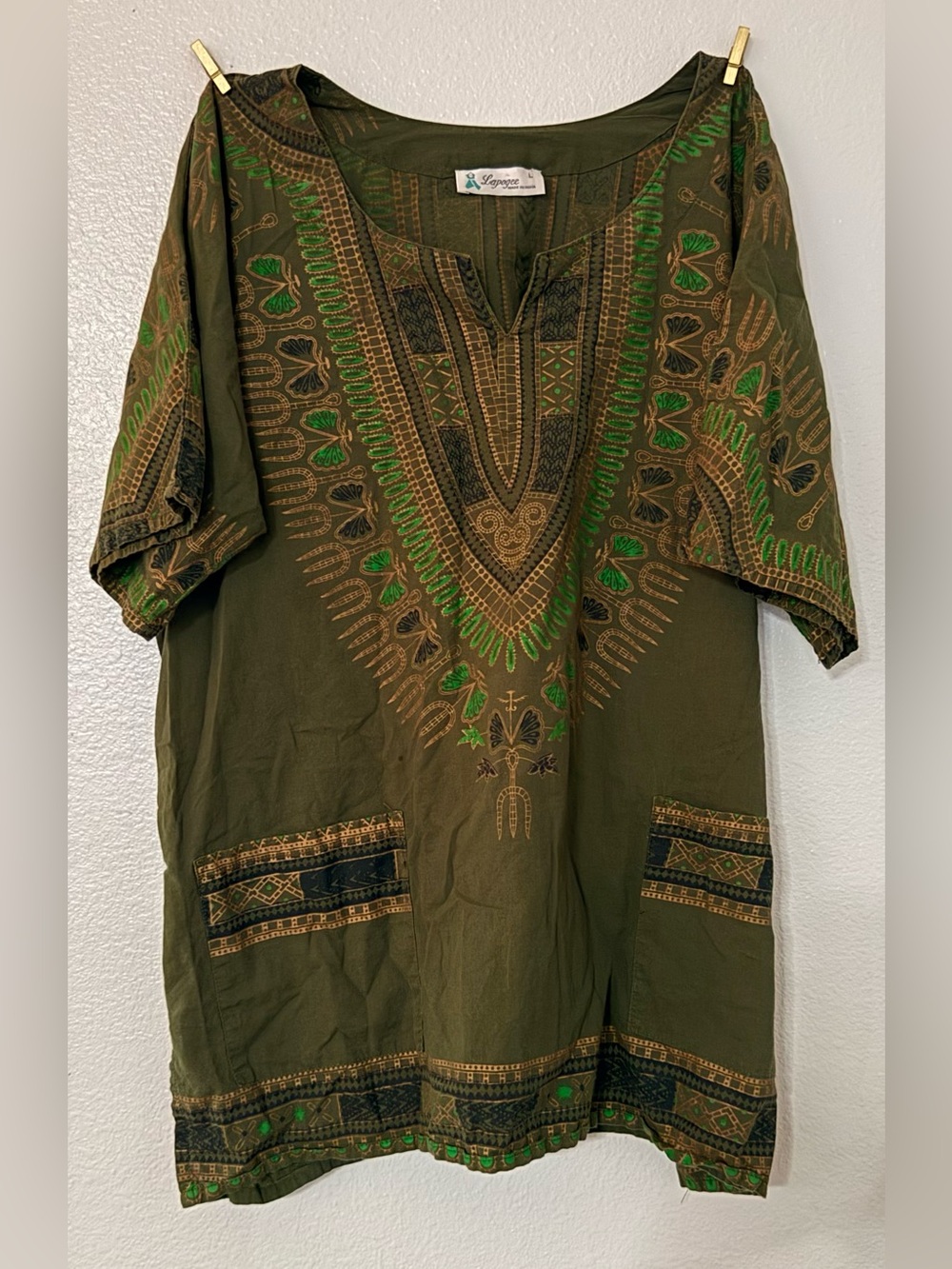 Lapogee India Olive Green Dashiki Boho Cotton Tunic Top L Pockets